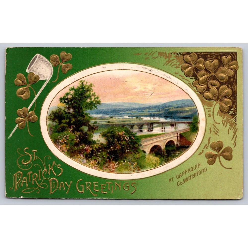 Postcard St. Patrick's Day Embossed Cappaquin Co. Waterford Posted 1910 Shamrock